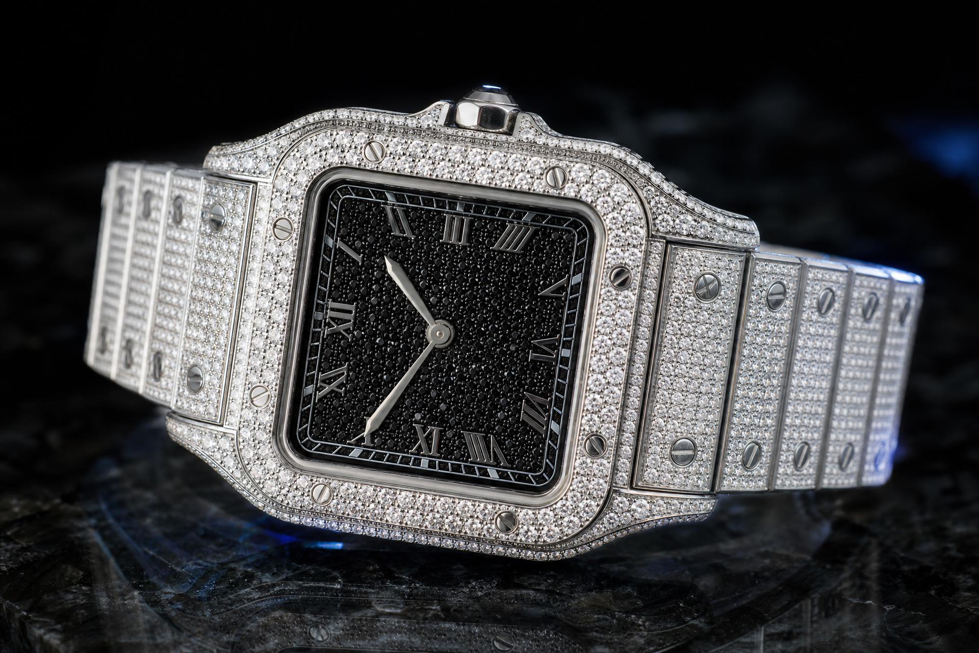 VVSBoyz moissanite watch on polished black stone